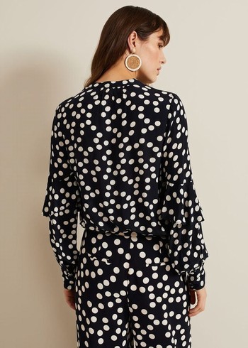 Phase Eight Peyton Polka Dot Frill Shirts Navy Canada | UFVWRO-014